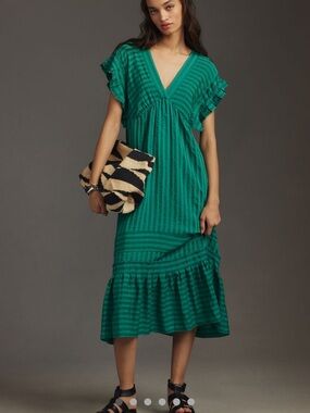 Anthropologie Flutter Sleeve Midi Dress, Size L. Green.